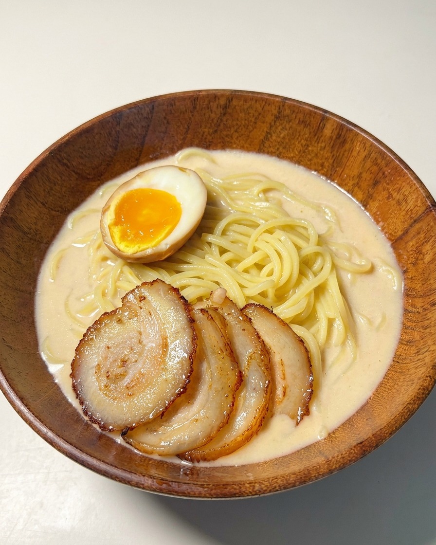 Bol de ramen garni de porc chashu et dun œuf mollet coupé en deux au jaune orangé éclatant.