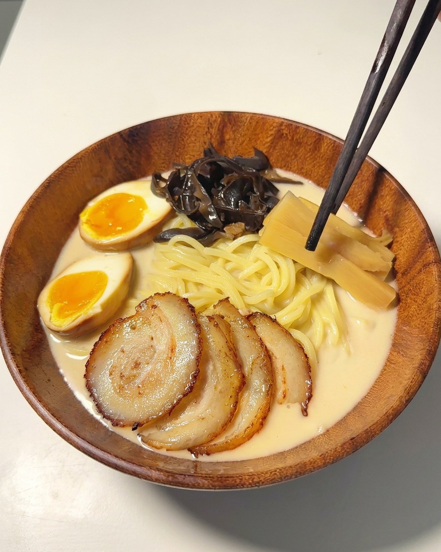 Baguettes plaçant des pousses de bambou dans un bol de ramen aux côtés des champignons et du porc.
