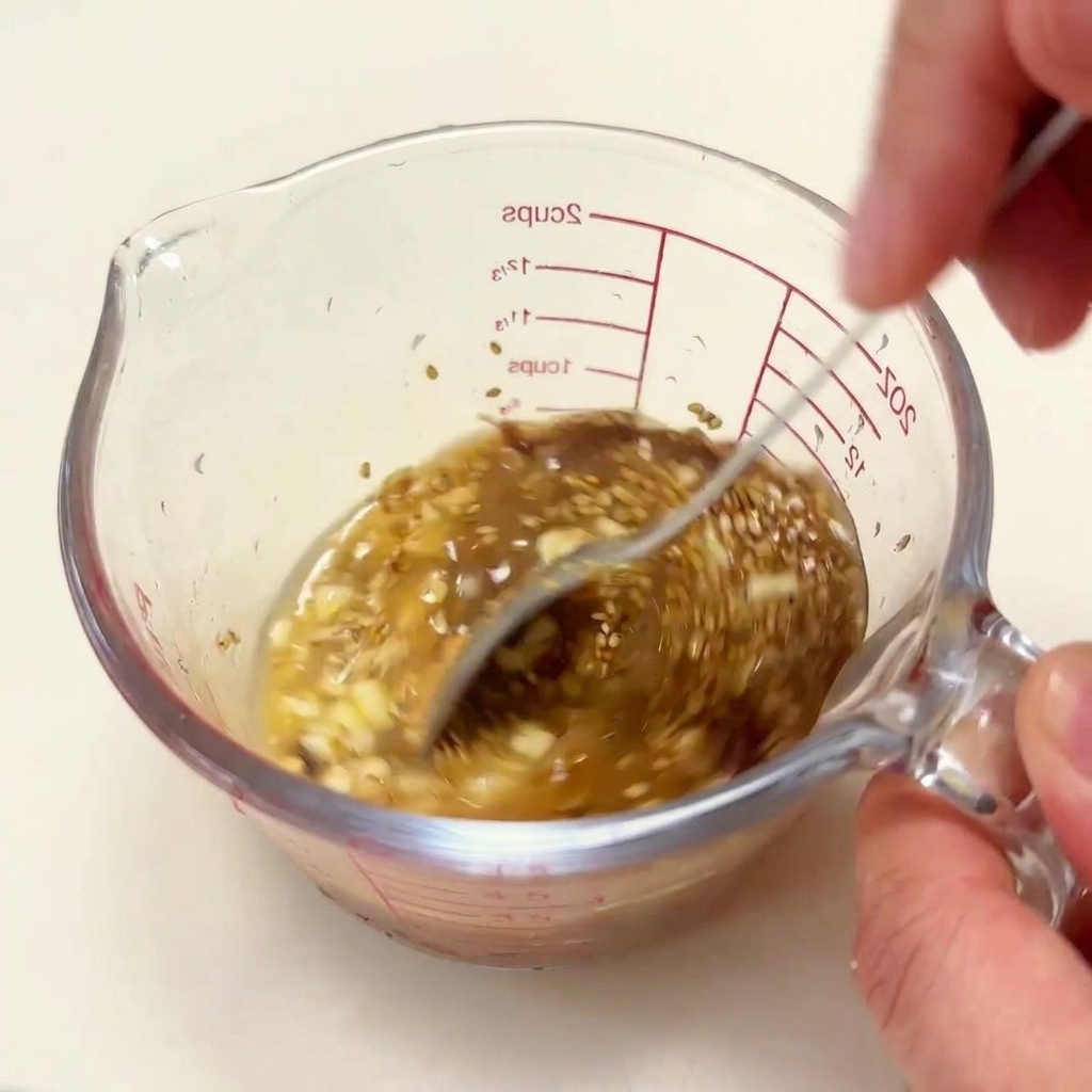 Une main mélangeant le bouillon chaud et les assaisonnements dans un verre doseur avec une cuillère.