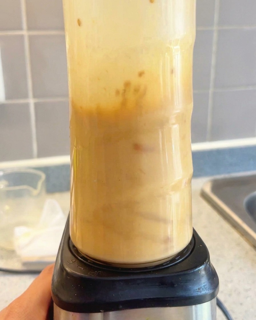 Base de soupe ramen crémeuse et lisse à lintérieur du bol dun mixeur électrique.
