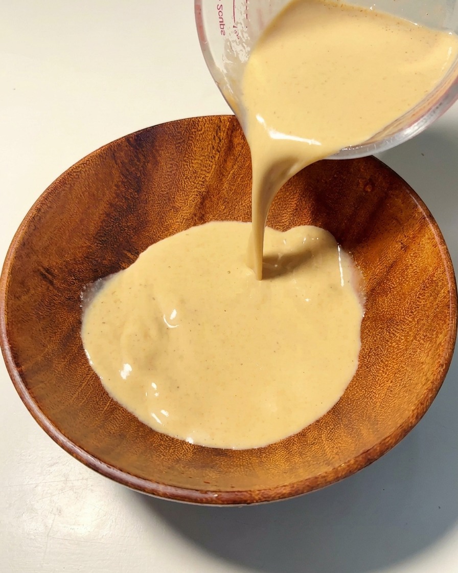 Base de soupe crémeuse versée dun verre doseur dans un bol en bois.