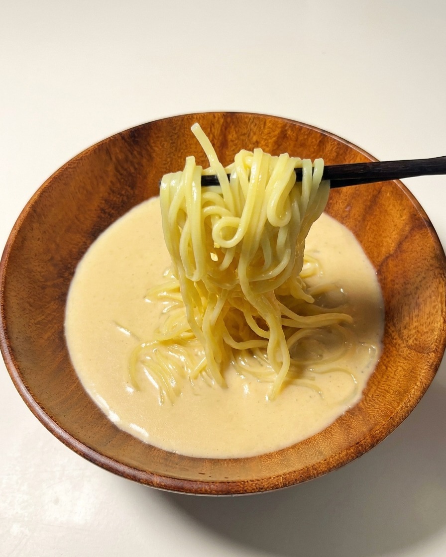 Nouilles ramen cuites déposées et arrangées dans le bouillon crémeux avec des baguettes.