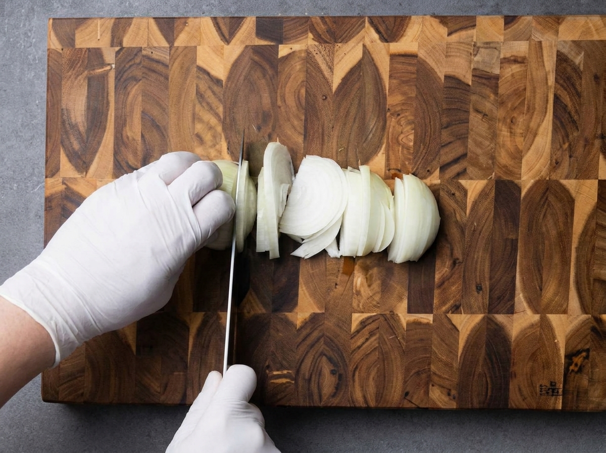 Mains gantées éminçant un oignon blanc en fines lanières sur une planche à découper en bois.