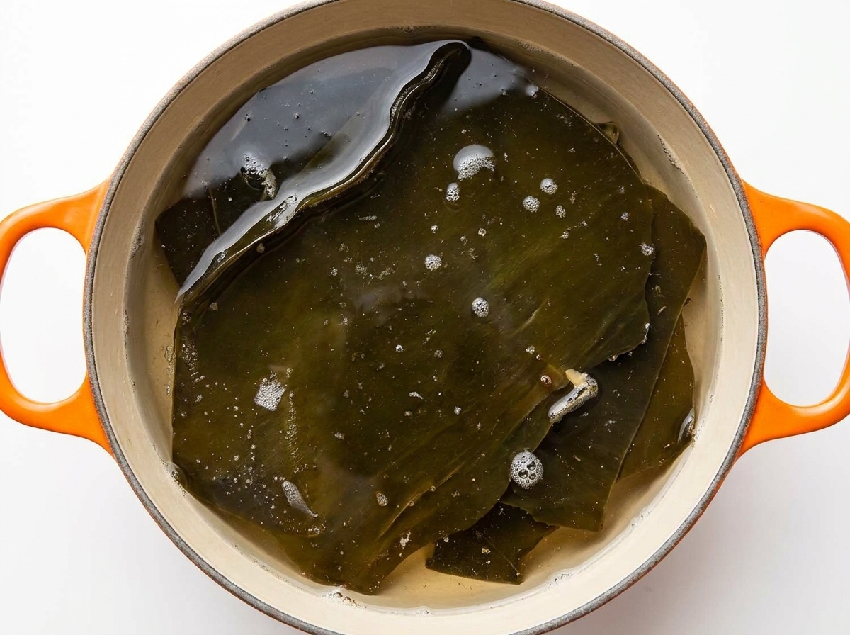 Un grand morceau dalgue kombu séchée frémissant dans une casserole deau.