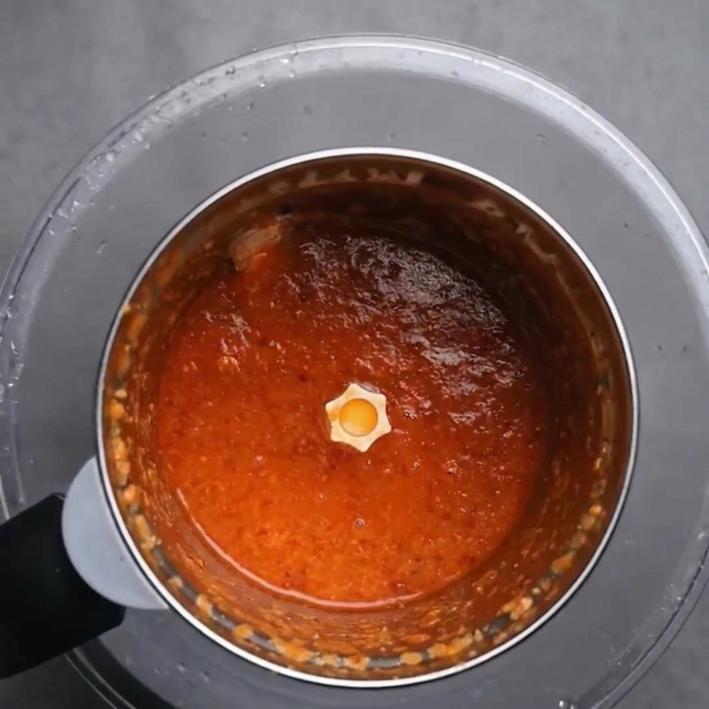 Vue de dessus dun blender contenant une purée de piment rouge lisse et onctueuse.