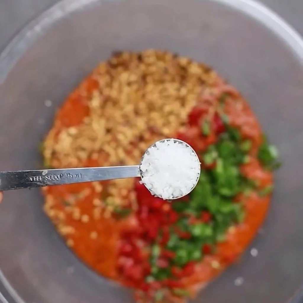 Ajout dune cuillère de sel de mer dans un bol contenant la pâte de piment, les piments hachés et lail.