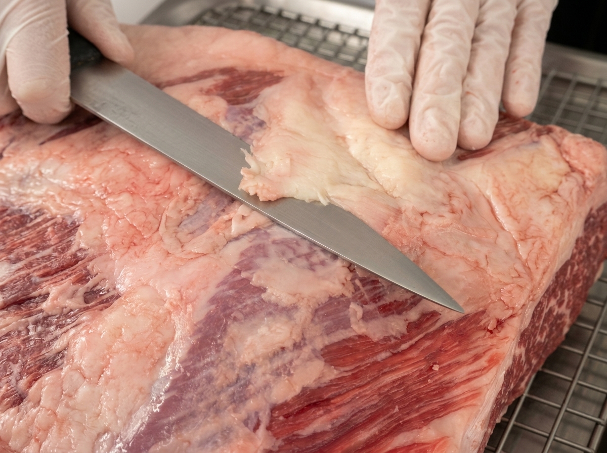 Chef utilisant un couteau pour retirer lépaisse couche de gras externe des côtes de bœuf.