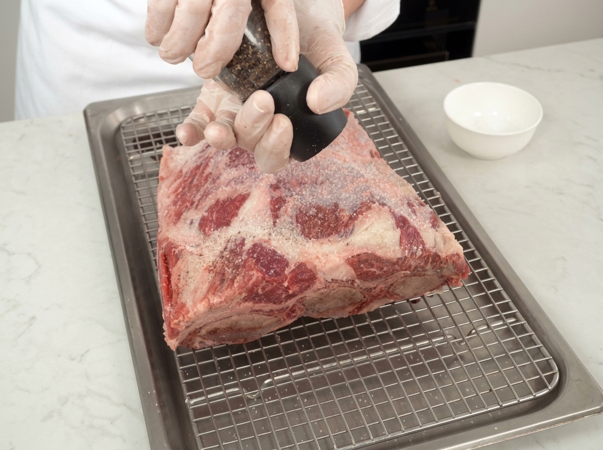 Chef moulant du poivre noir frais sur les côtes de bœuf posées sur une grille.