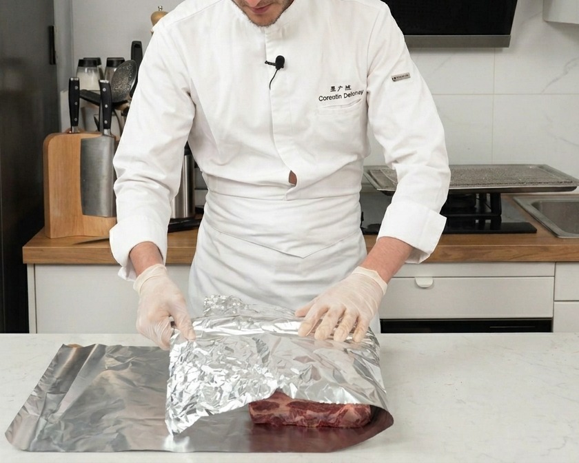 Chef enveloppant hermétiquement les côtes de bœuf assaisonnées dans du papier aluminium.
