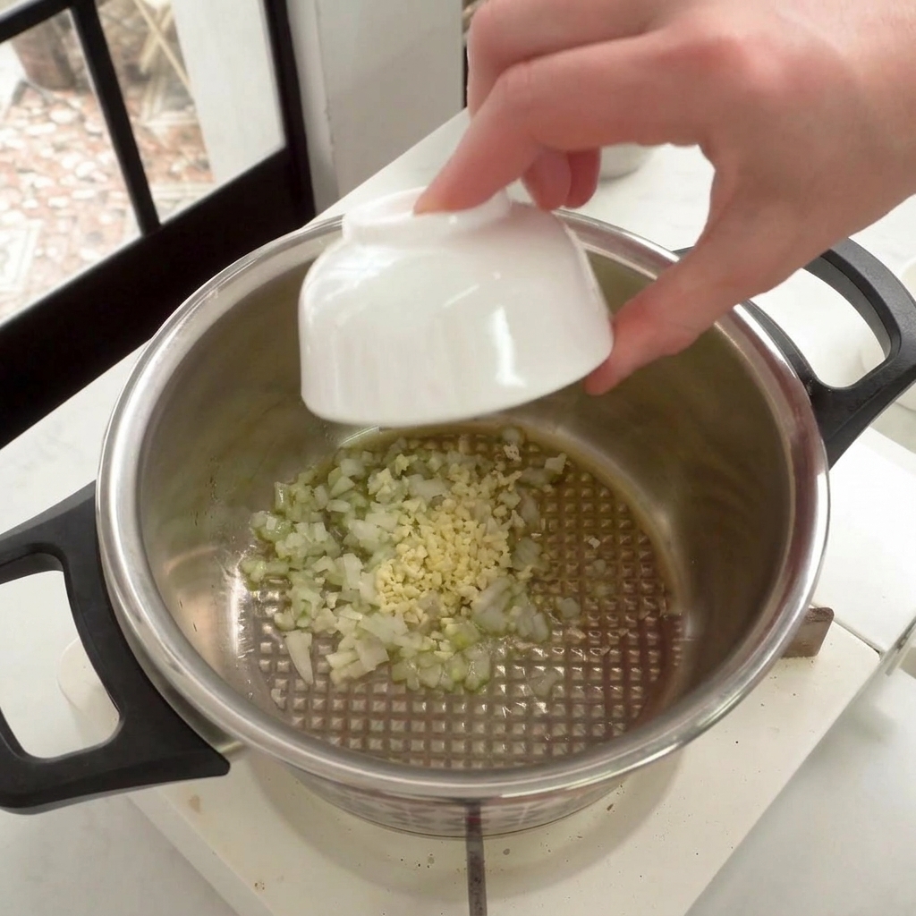 Main versant de loignon et de lail hachés dun bol dans une casserole en inox.