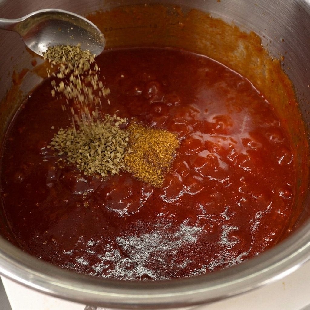 Une cuillère versant de lorigan et du cumin dans une sauce rouge épaisse frémissante.