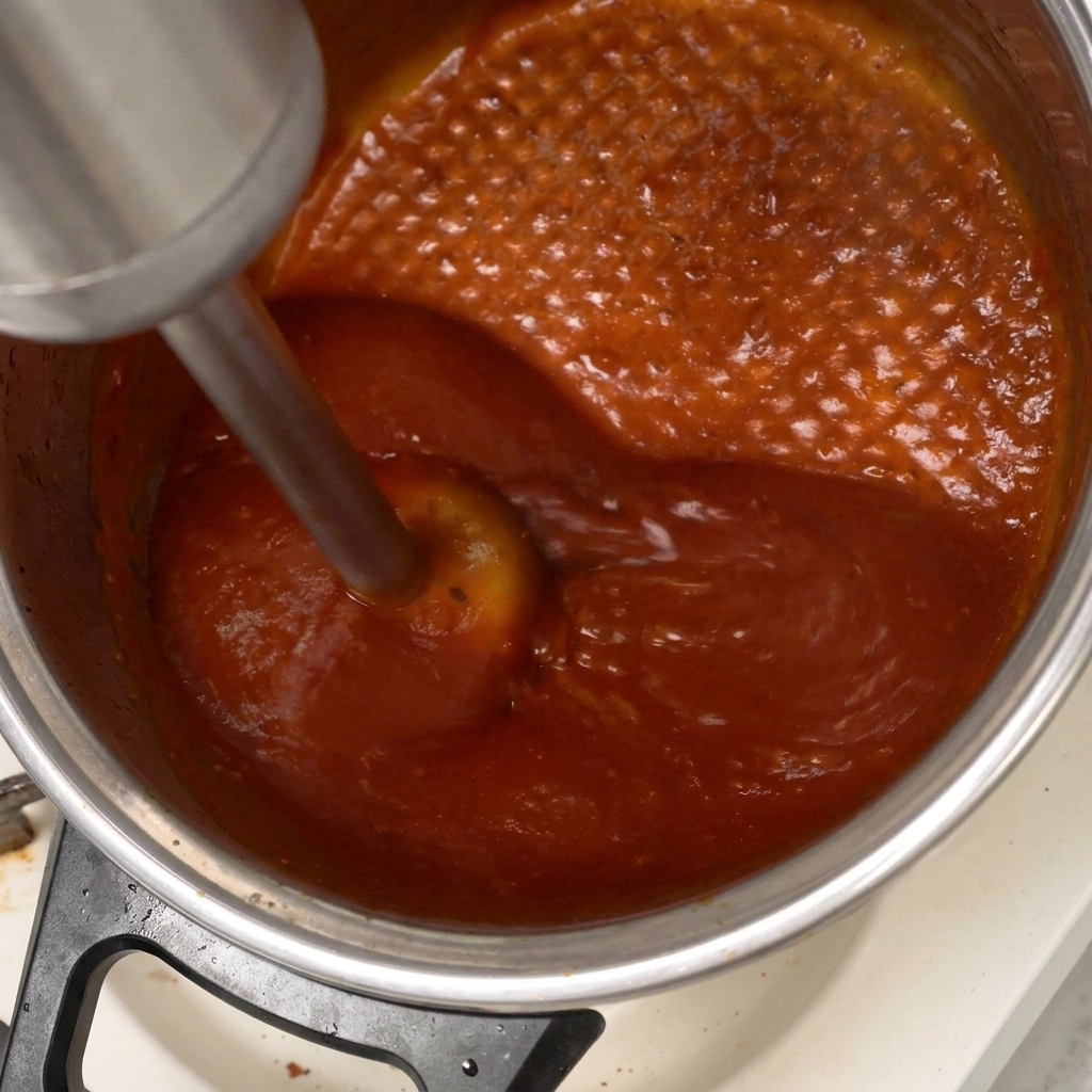 Un mixeur plongeant en inox mixant une sauce barbecue rouge vif dans une casserole.