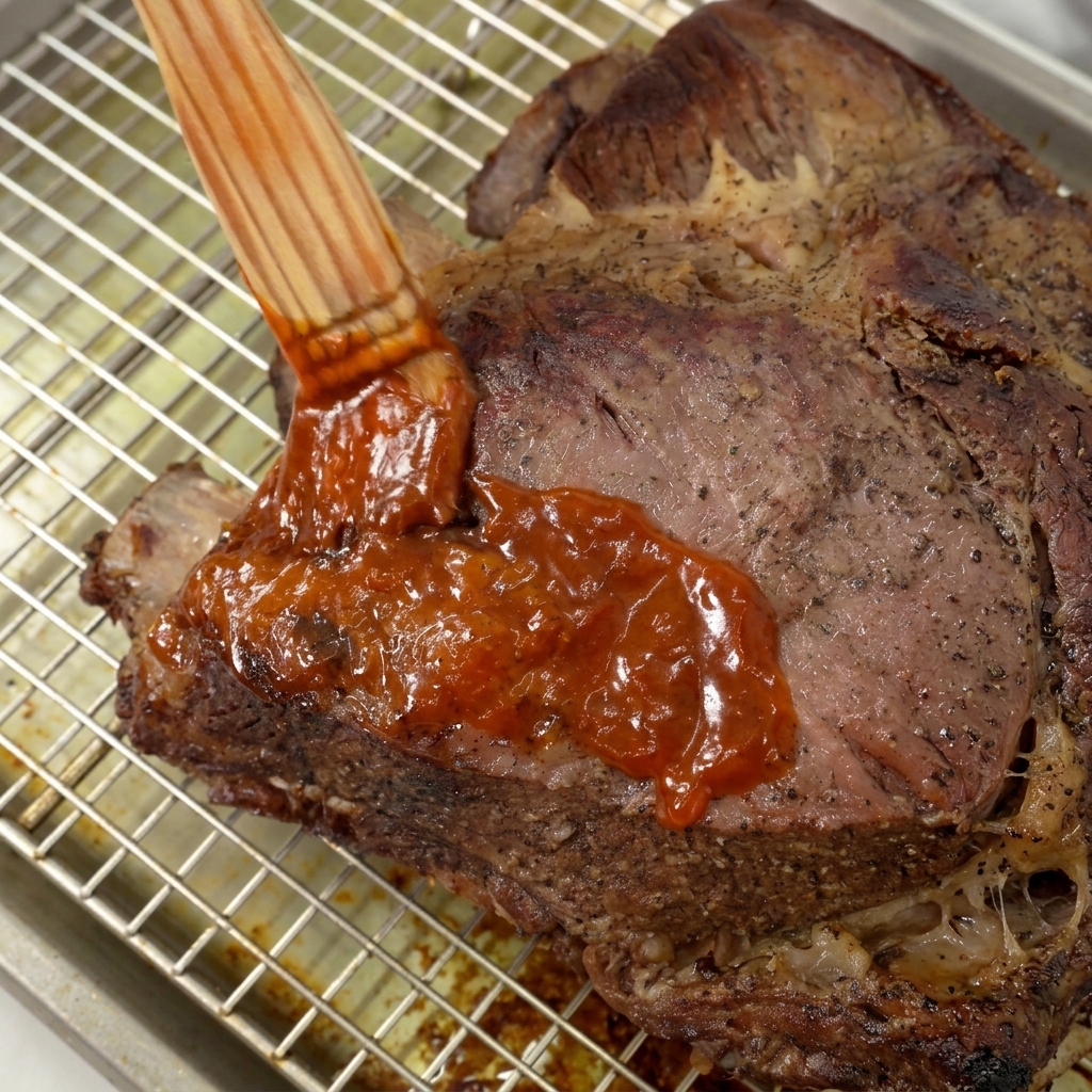 Un pinceau étalant une couche généreuse de sauce BBQ rouge sur une grosse côte de bœuf rôtie.