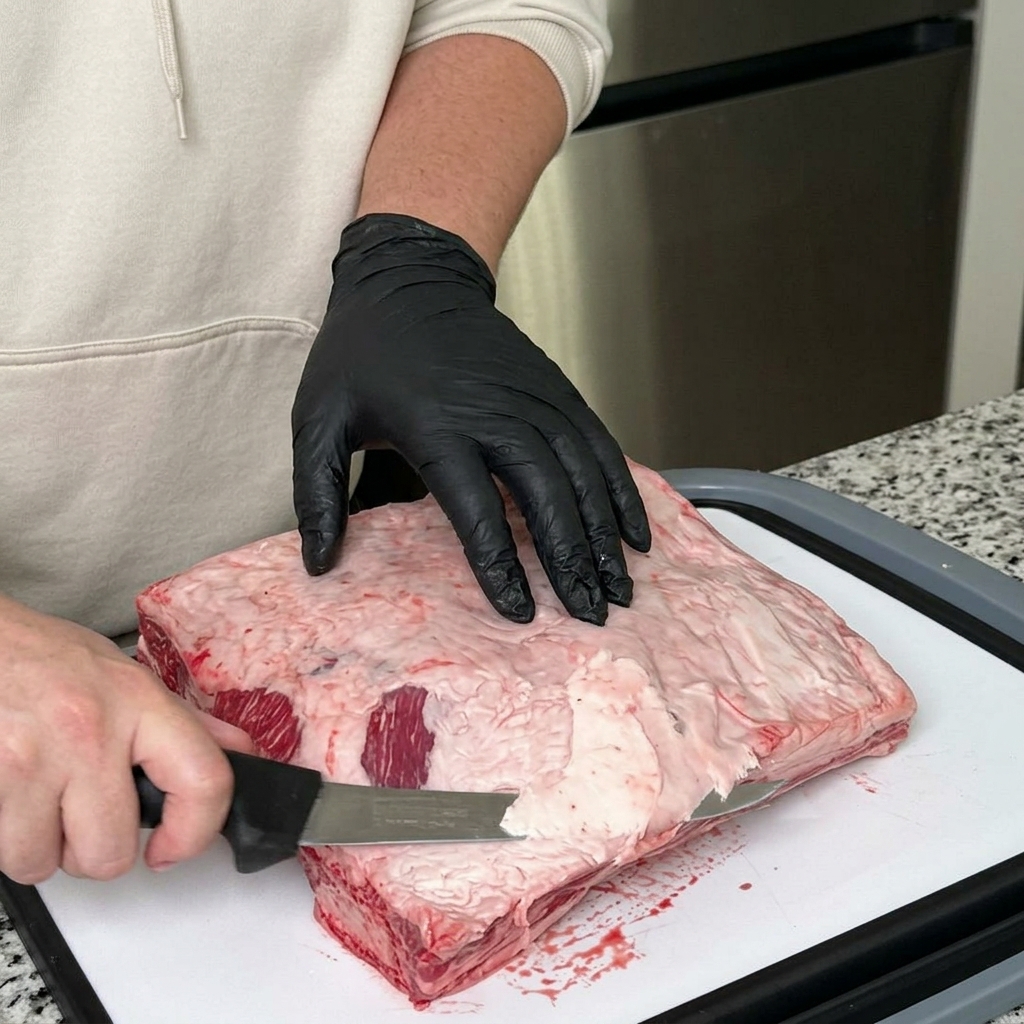 Une personne portant des gants noirs utilise un couteau tranchant pour parer le gras sur le bord dun grand travers de bœuf cru.
