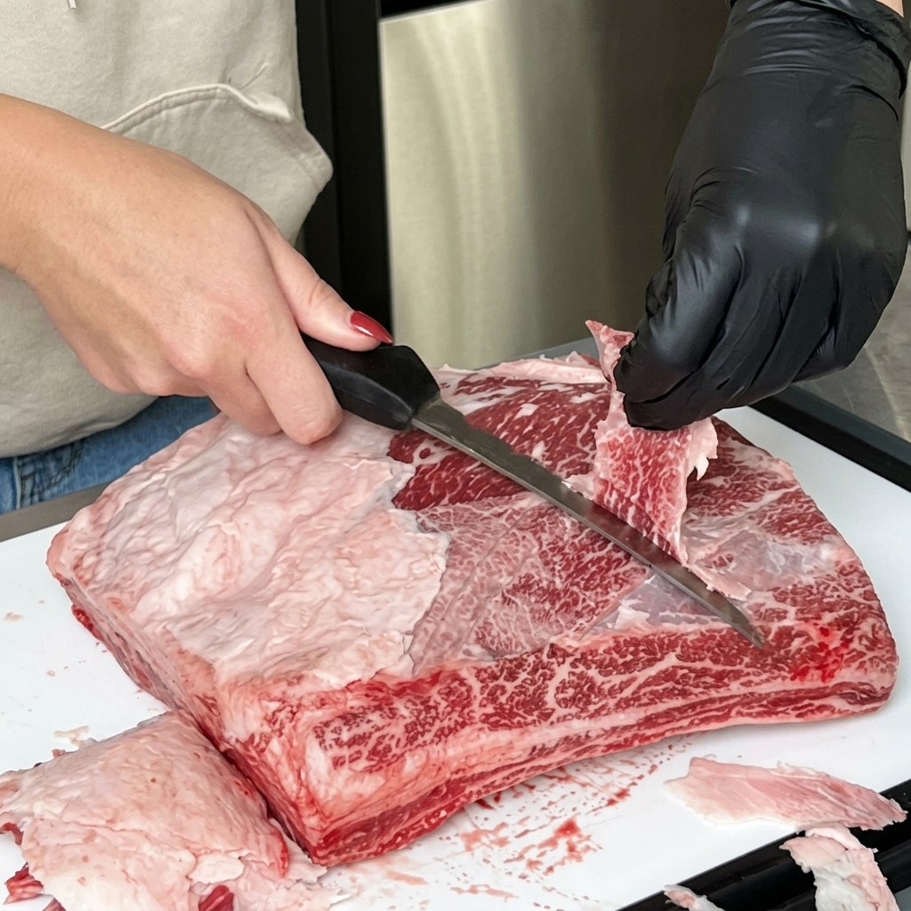 Gros plan sur des mains retirant une fine couche de membrane et de gras sur le dessus des côtes de bœuf.