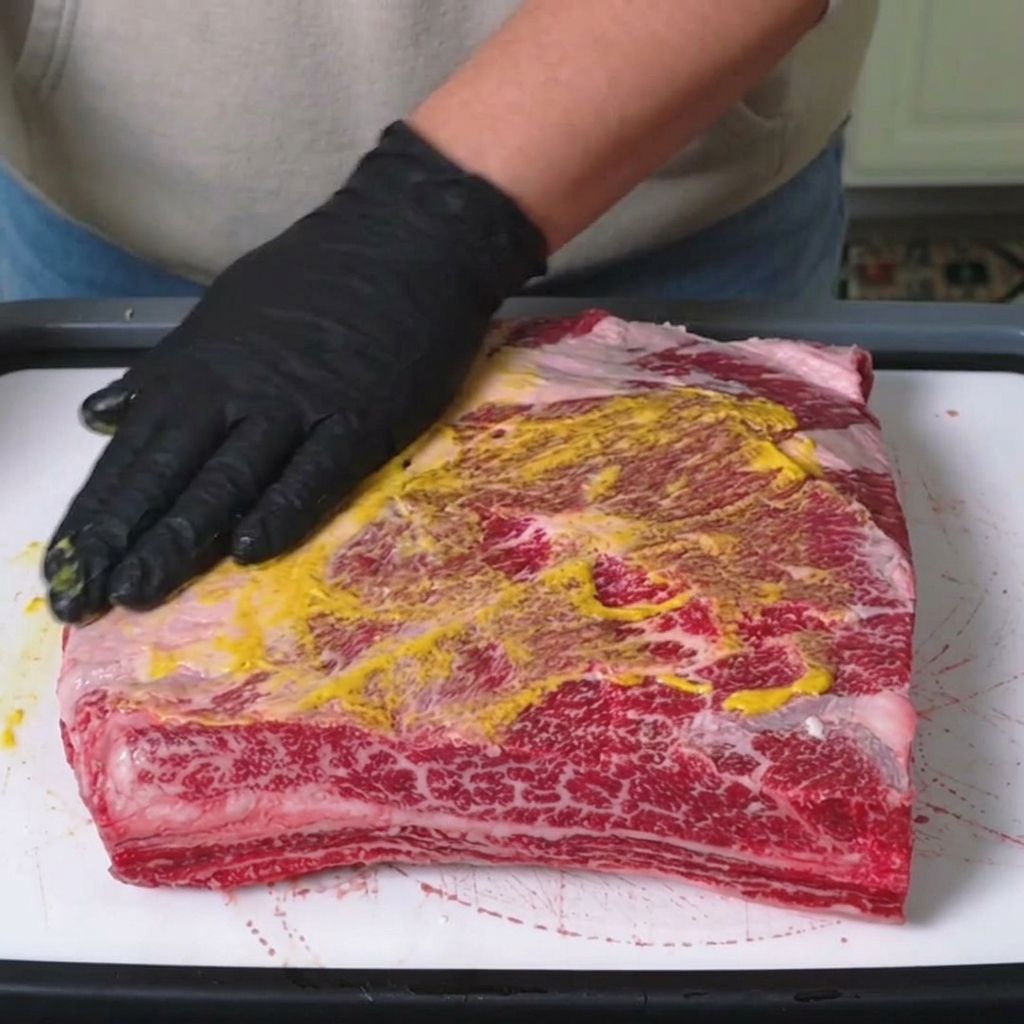 Une main gantée étalant de la moutarde jaune vive sur la surface dun travers de bœuf cru.