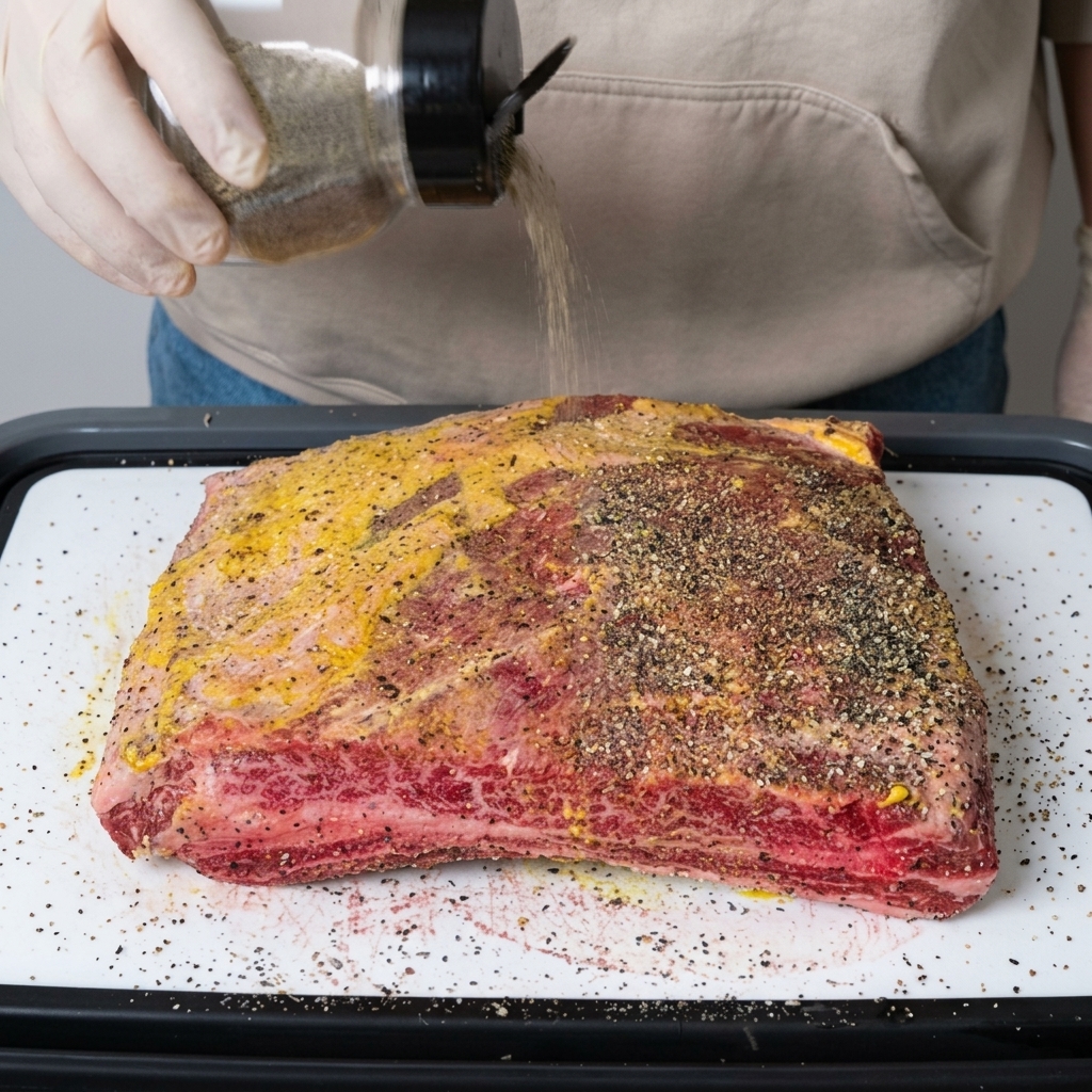 Du poivre noir concassé et du sel saupoudrés sur un travers de bœuf recouvert de moutarde.