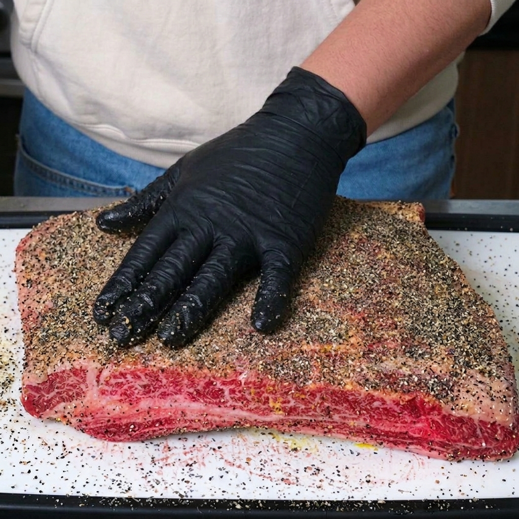 Une main gantée pressant lassaisonnement sur les côtes de bœuf pour faire adhérer le sel et le poivre.