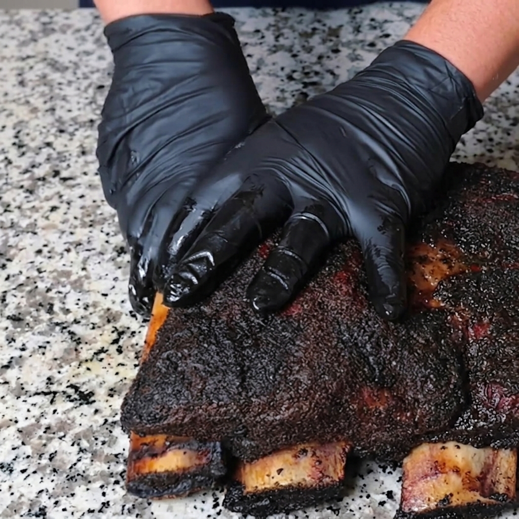 Mains portant des gants noirs posées sur la surface sombre et croûtée de côtes de bœuf fumées sur un comptoir.