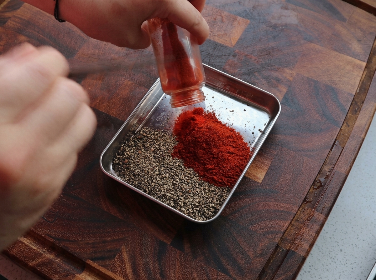 Mains versant du paprika fumé rouge dun petit bocal dans un plateau métallique contenant du poivre noir concassé.