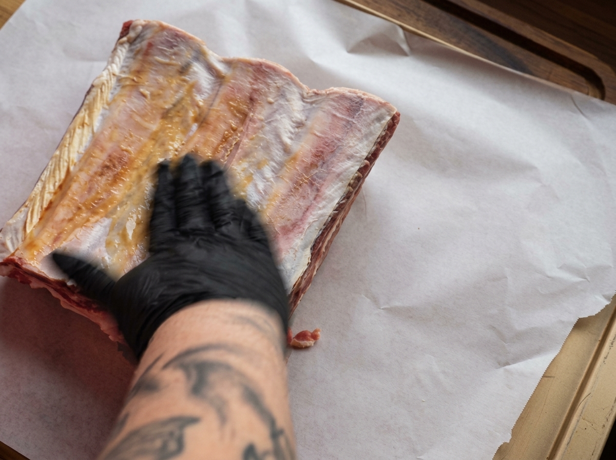 Une personne portant des gants noirs frottant un liant liquide de moutarde et de sauce Worcestershire sur une grande pièce de travers de bœuf cru.