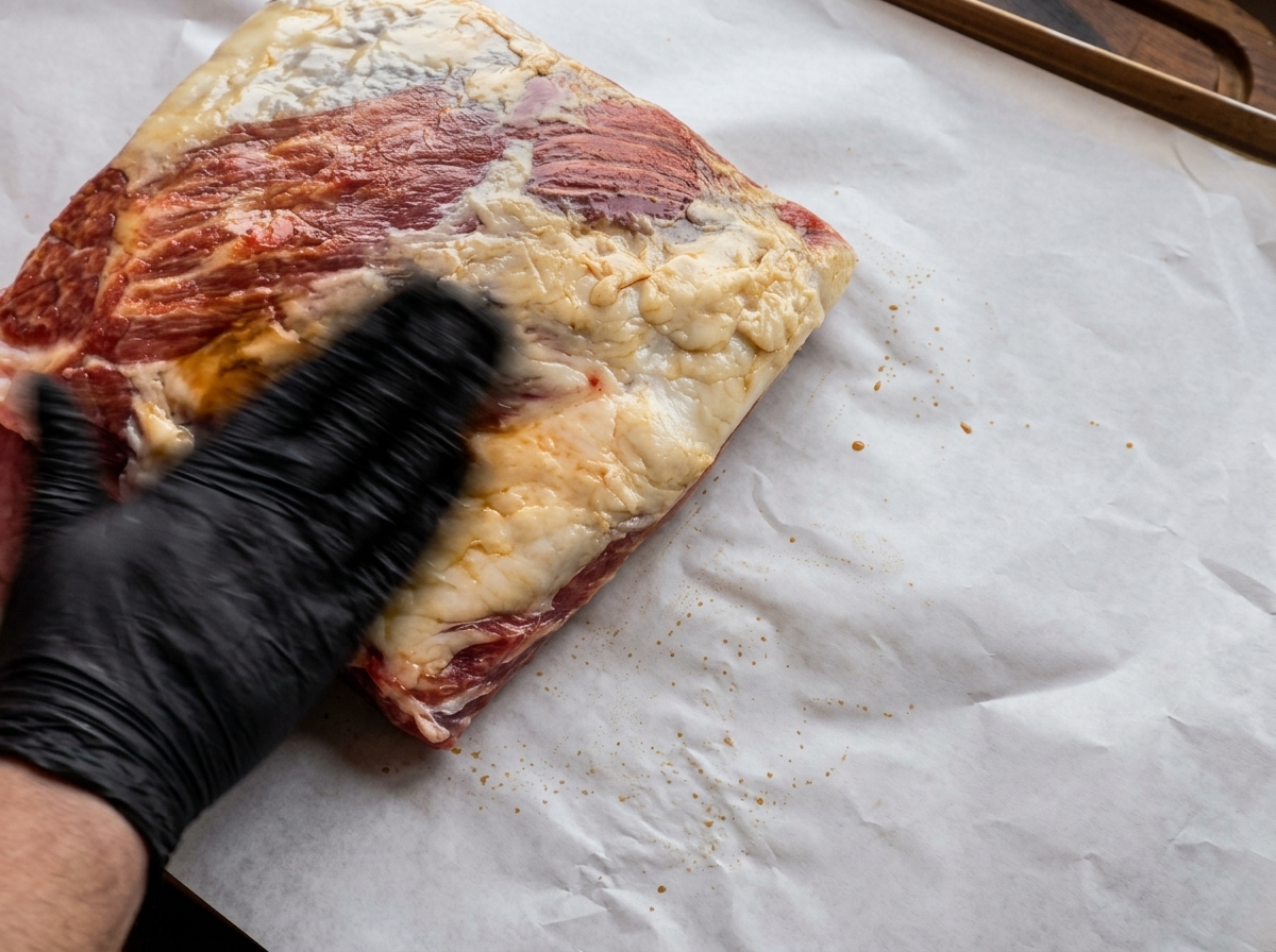 Main gantée frottant une couche de moutarde jaune et de sauce foncée sur une grande coupe de travers de bœuf cru sur du papier sulfurisé.
