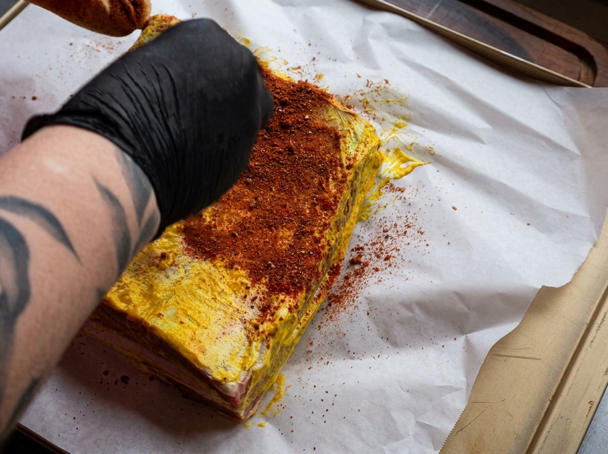 Main gantée saupoudrant et tapotant un mélange dépices rouges sur un travers de bœuf enduit de moutarde jaune.