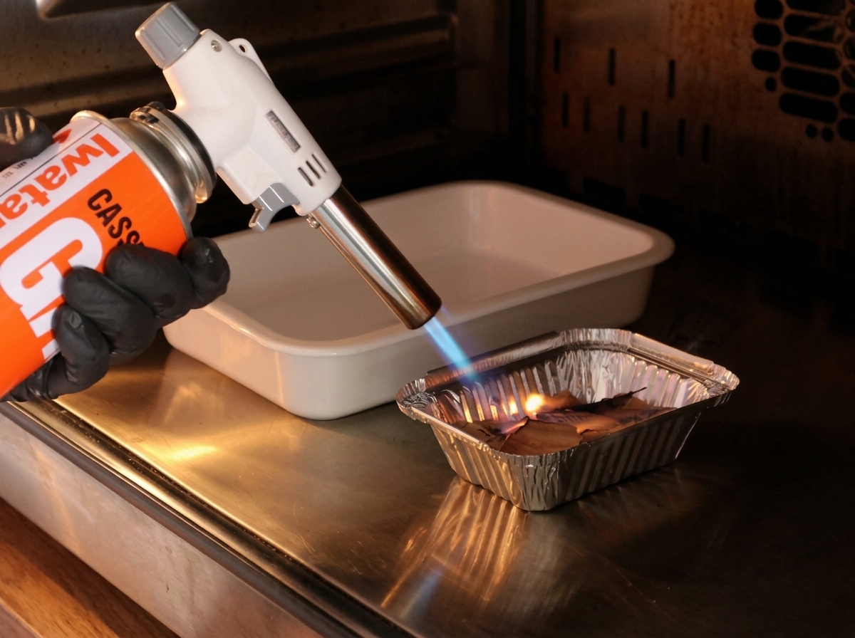 Main gantée utilisant un chalumeau de cuisine blanc pour enflammer des copeaux de bois dans un petit plateau en aluminium à lintérieur dun four.