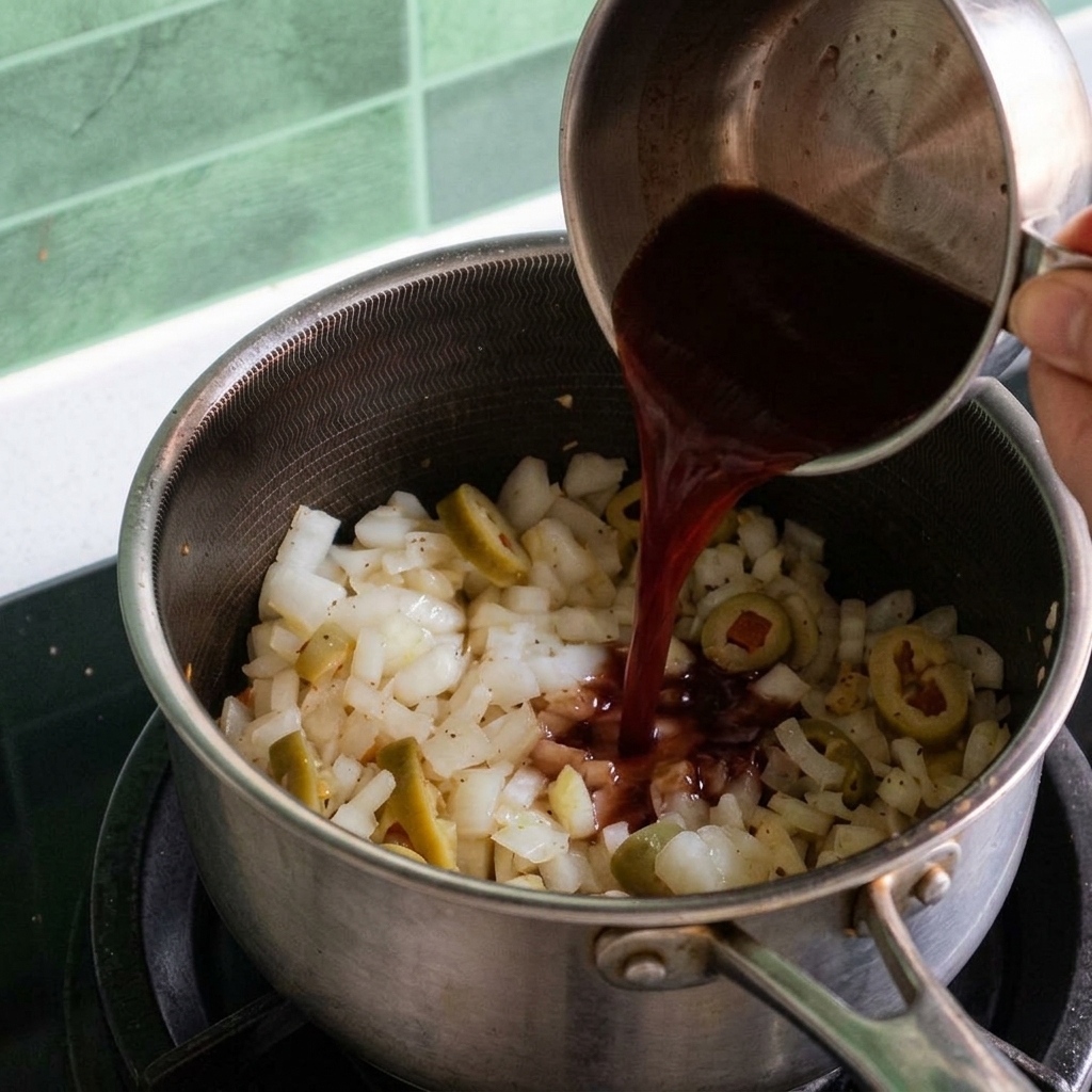 Verser un mélange de sauce BBQ rouge foncé dun verre doseur métallique dans une casserole doignons sautés et de jalapeños tranchés.