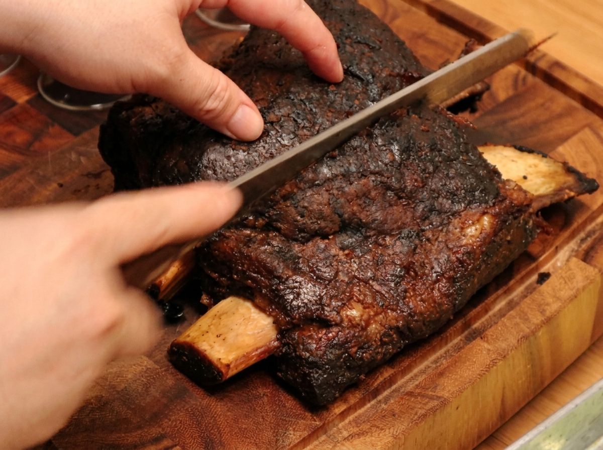 Trancher un grand travers de bœuf rôti lentement avec une croûte épaisse et sombre sur une planche à découper en bois.