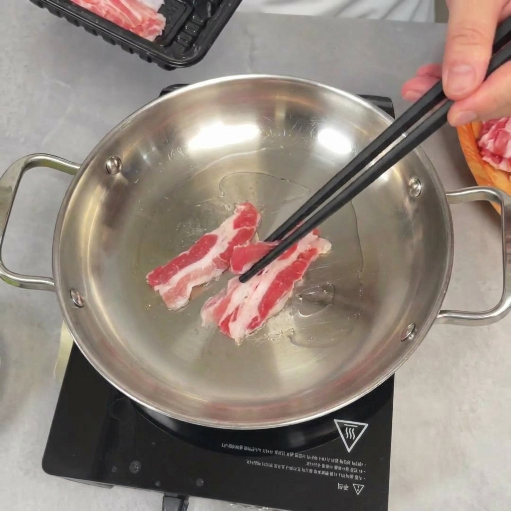 Utilisation de baguettes pour placer des tranches de poitrine de porc crue dans une poêle en acier inoxydable.