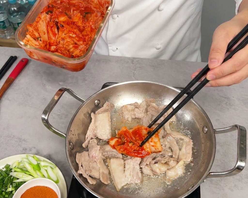 Transfert dune généreuse portion de kimchi rouge haché depuis un récipient en verre vers la poêle contenant la poitrine de porc dorée.