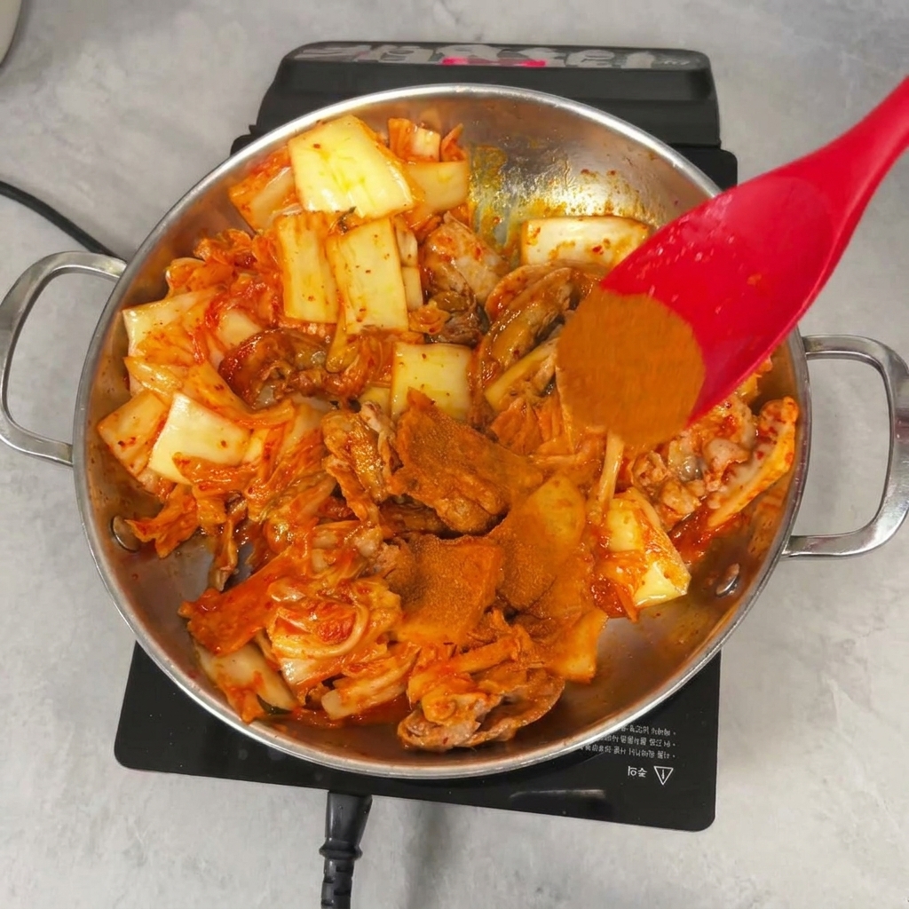 Une spatule rouge mélangeant de la poudre de piment rouge vif dans une poêle contenant du kimchi cuit et du porc en tranches.