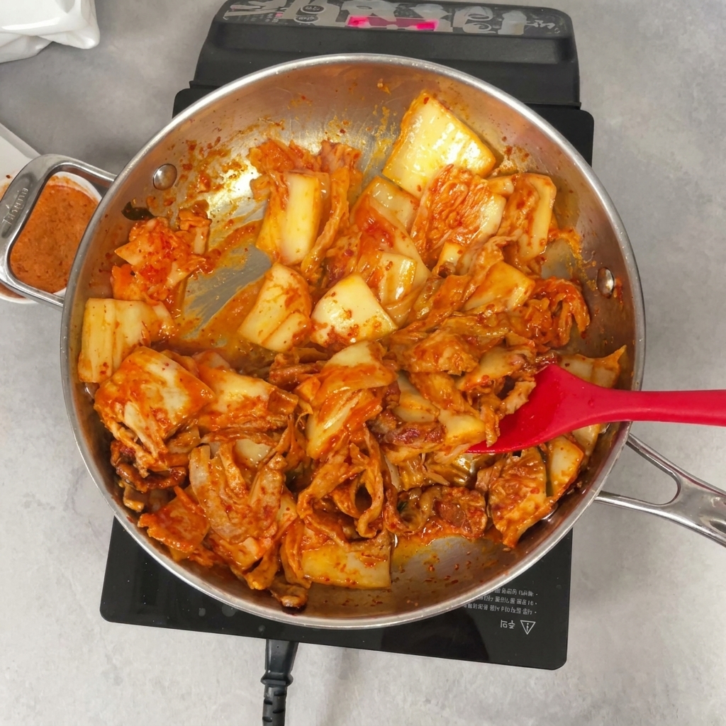 Utilisation dune spatule rouge pour remuer le mélange de poitrine de porc, de kimchi et de poudre de piment dans une poêle.