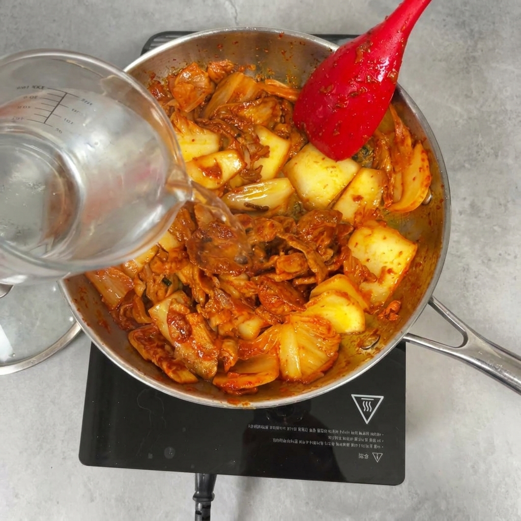 Verser de leau dun verre doseur sur un mélange épicé de kimchi et de porc dans une poêle en acier inoxydable.