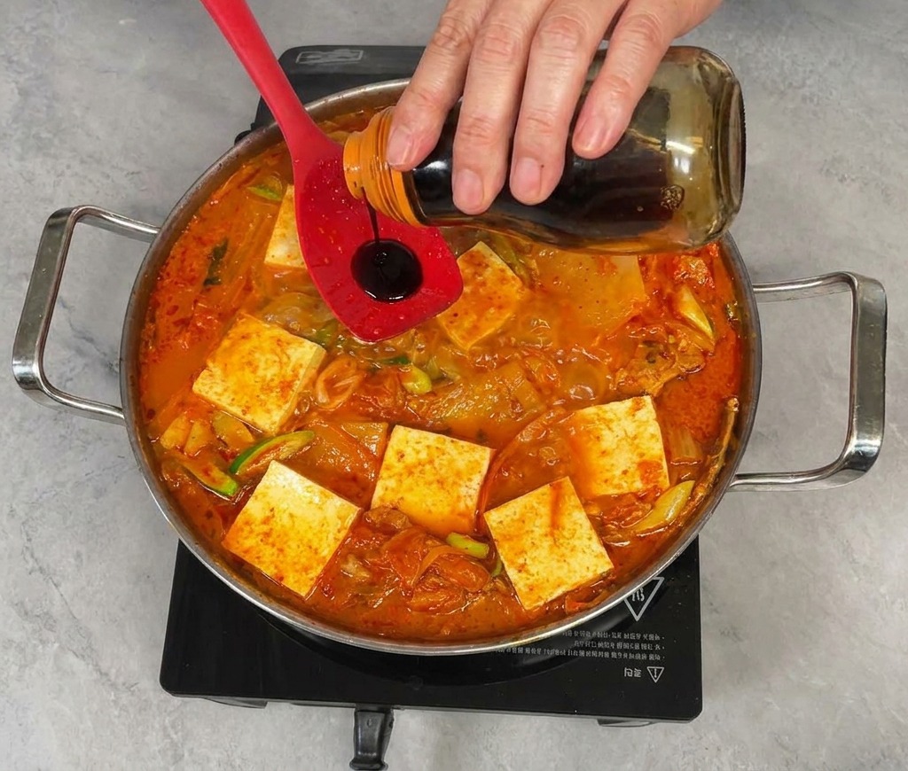 Un chef verse un assaisonnement liquide foncé depuis une bouteille en verre dans une cuillère en silicone rouge tenue au-dessus dune poêle de ragoût de kimchi bouillonnant.