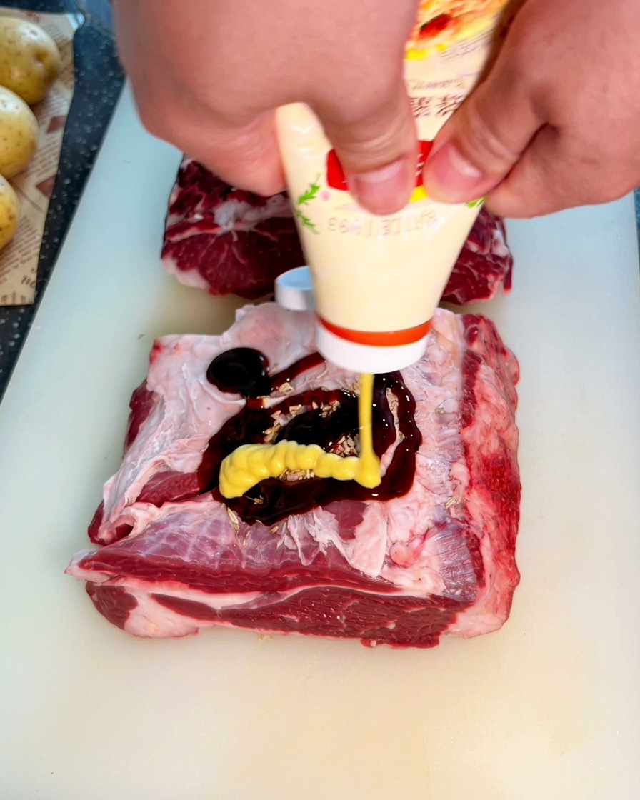Moutarde jaune étalée sur la couche de sauce dhuître sur le bœuf.