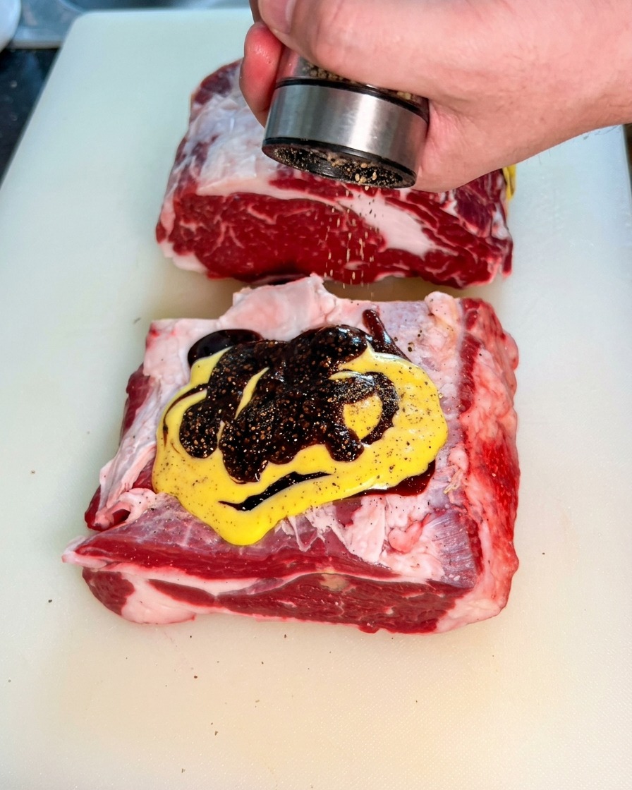 Une main utilisant un moulin pour saupoudrer du sel et du poivre sur la marinade liquide.