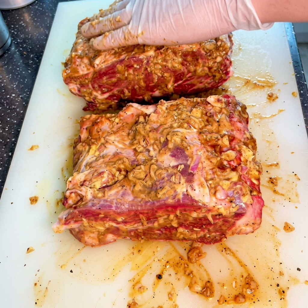 Mains gantées massant la marinade dans de larges pièces de bœuf cru.