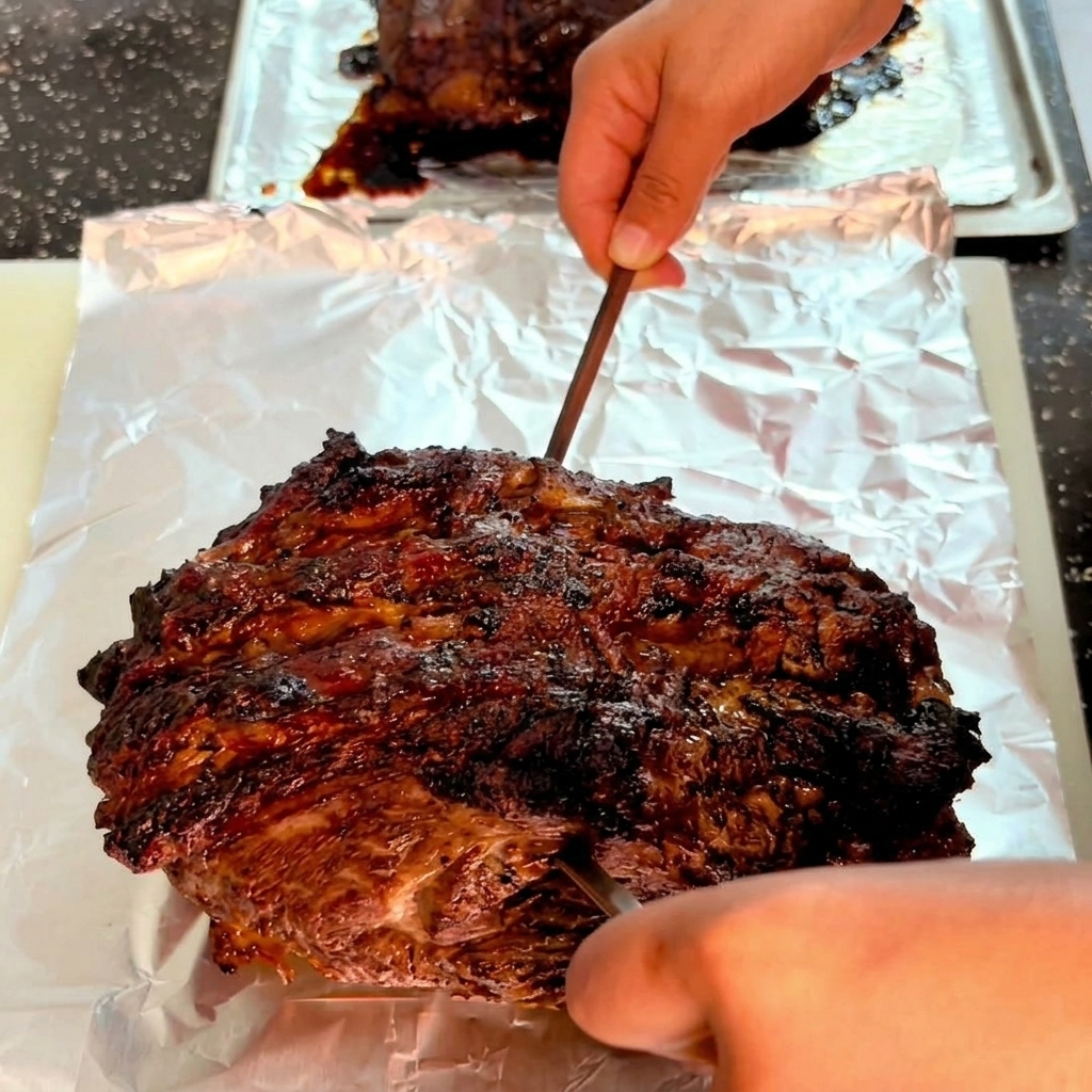 Paleron de bœuf partiellement rôti piqué avec une brochette métallique sur une plaque.