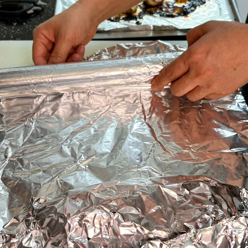 Mains déroulant une feuille daluminium pour envelopper le bœuf rôti.