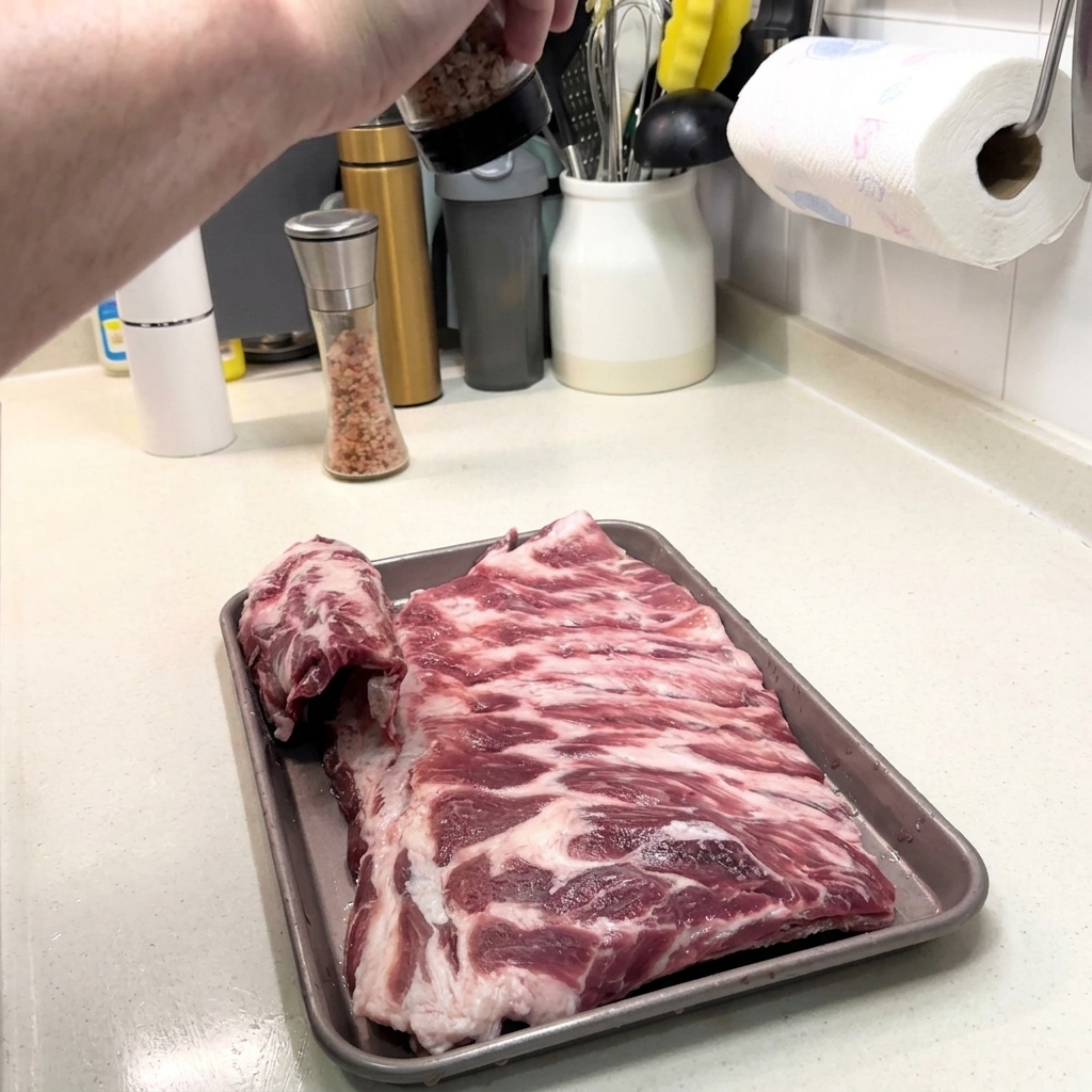 Une main saupoudrant du sel et du poivre noir sur un grand rack de travers de porc cru sur une plaque métallique.
