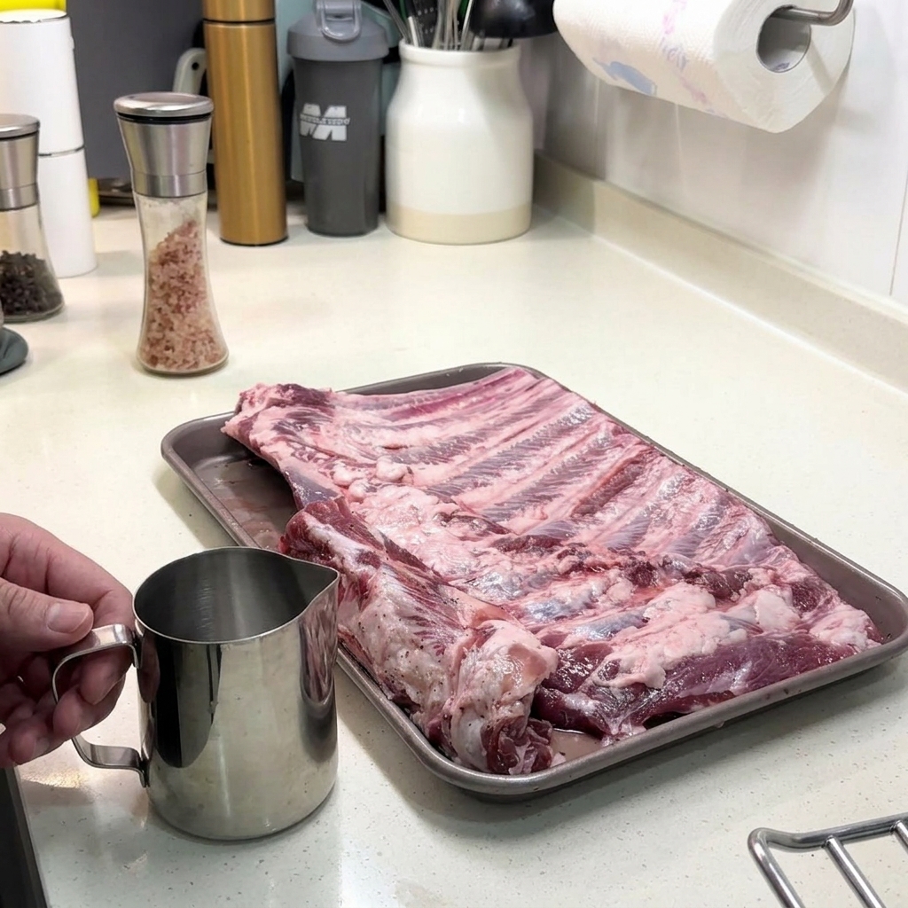 Un petit pichet en métal versant du vinaigre blanc sur les travers de porc assaisonnés.