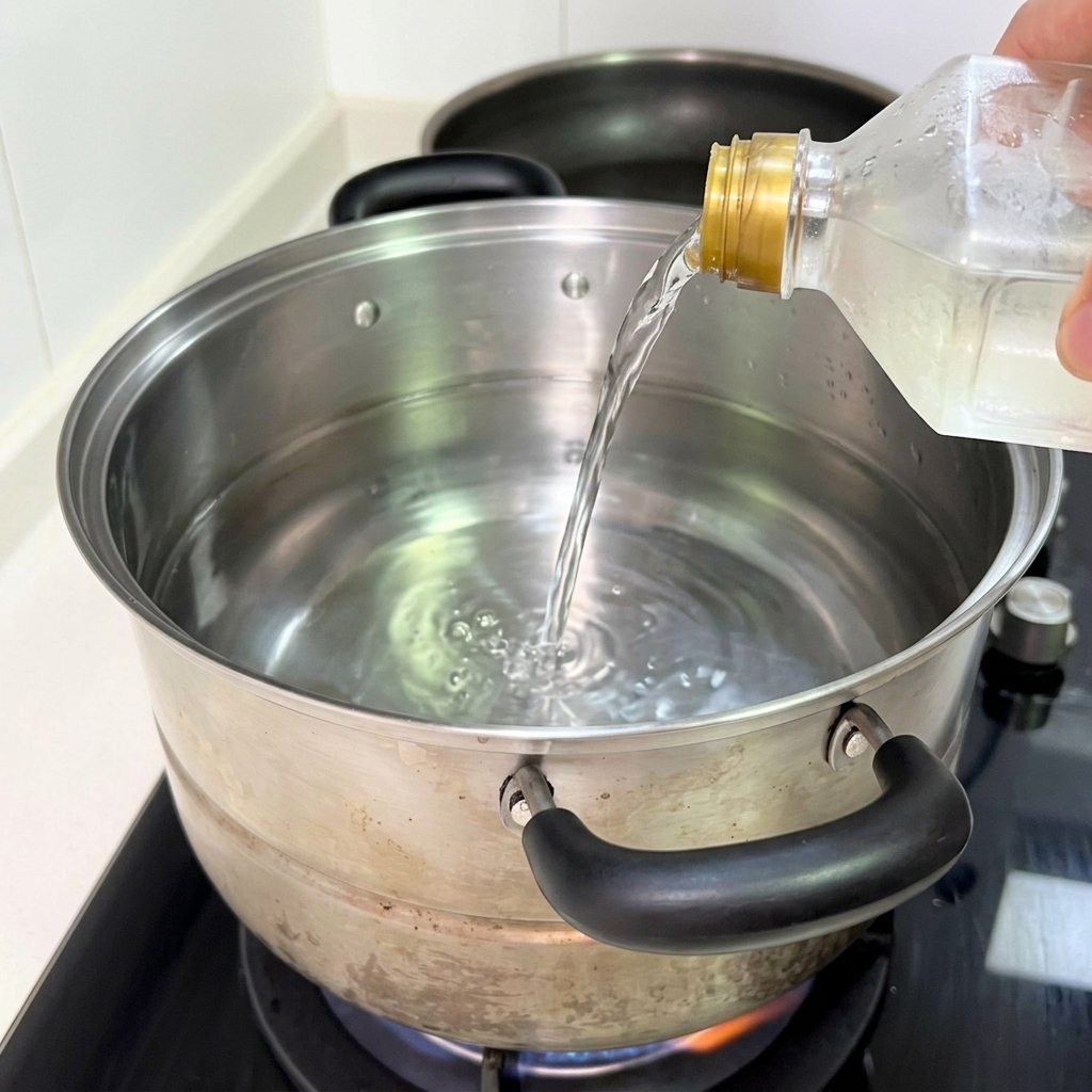 Liquide versé dans une casserole deau bouillante sur une cuisinière.