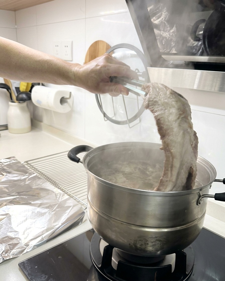 Utilisation de pinces métalliques pour sortir les travers de porc fumants de la marmite.
