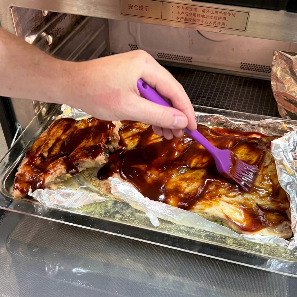 Pinceau en silicone étalant de la sauce BBQ sombre sur les ribs sortis de leur papillote.