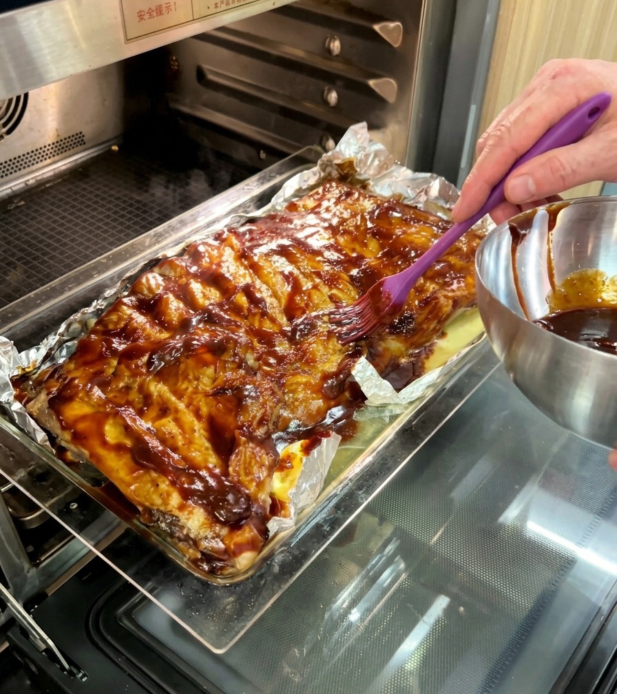 Plat de ribs nappés de sauce retournant dans un four professionnel.