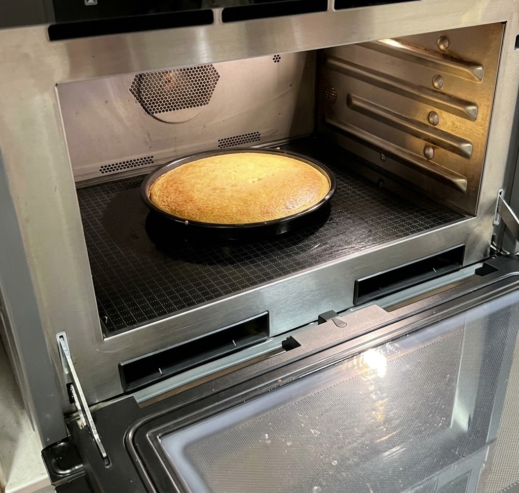 Pain de maïs doré dans un moule rond à lintérieur du four.