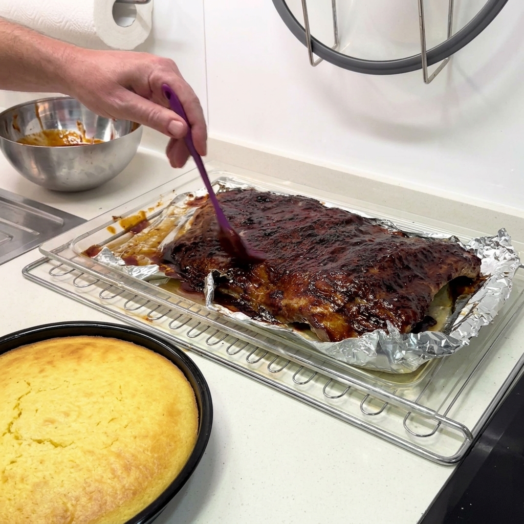 Pinceau appliquant une sauce BBQ brillante sur une large plaque de ribs.