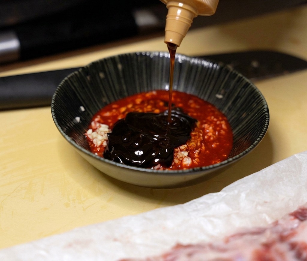 Sauce chu hou versée dans un bol contenant la base de marinade rouge et lail.